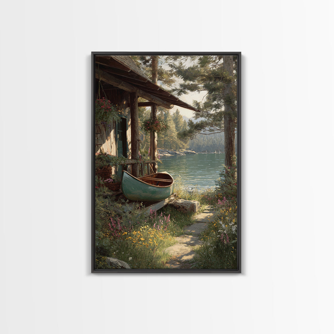 Peaceful Lakeside Cabin With Canoe Surrounded By Wildflowers Wall Art Framed Canvas Print For Rustic Home Decor