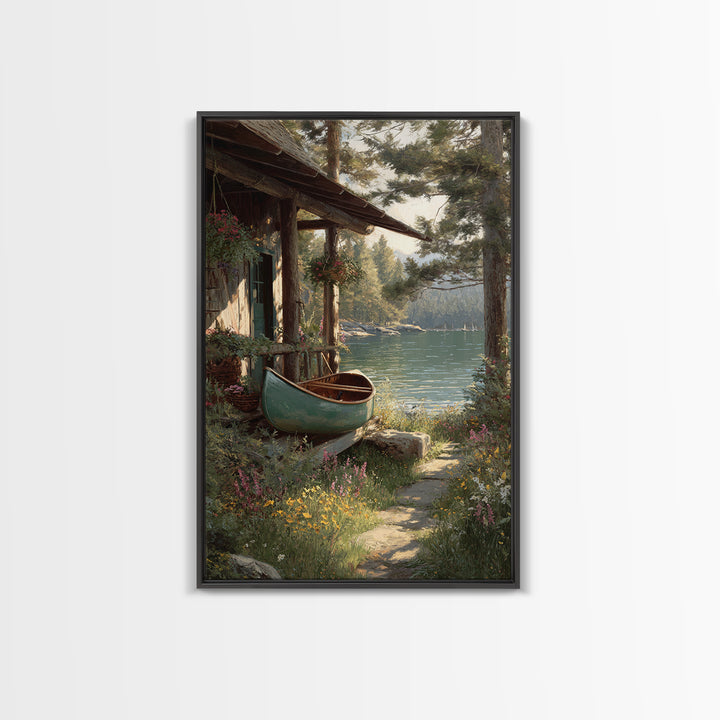 Peaceful Lakeside Cabin With Canoe Surrounded By Wildflowers Wall Art Framed Canvas Print For Rustic Home Decor