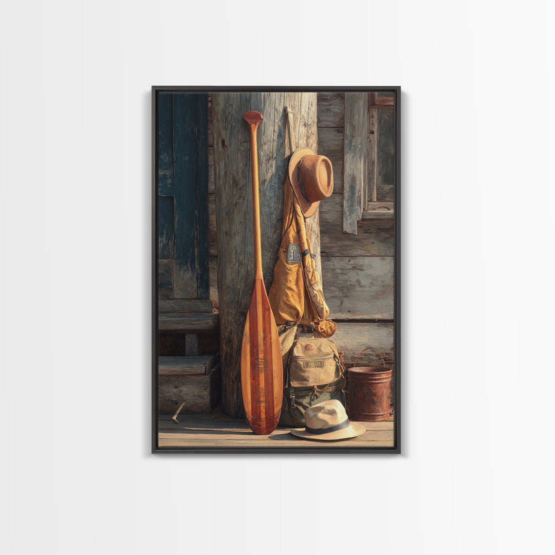 Rustic Outdoorsy Still Life With Wood Paddle, Hiking Gear, And Hats Vintage Style Canvas Print For Cabin