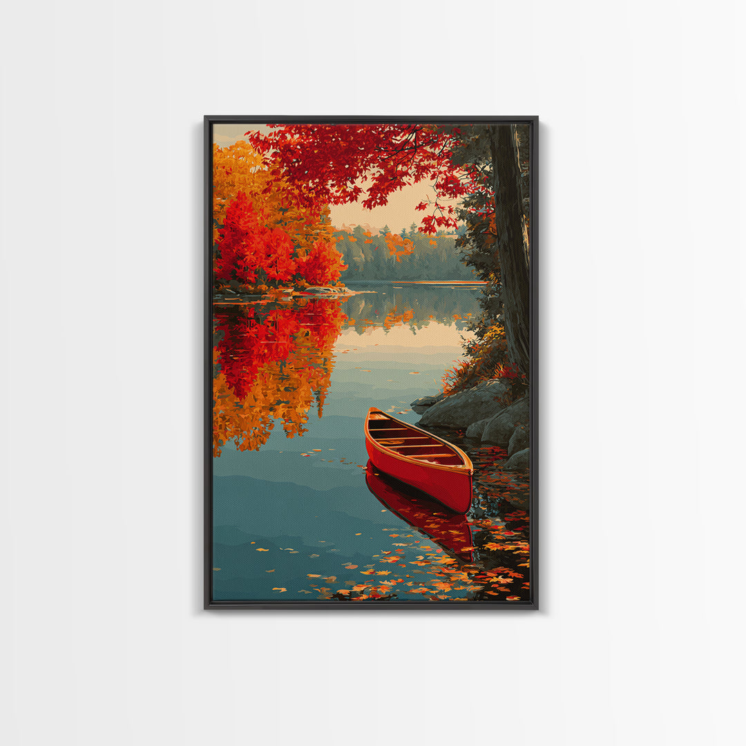 Red Autumn Maple Trees By Calm Lake With Canoe Scenic Painting Wall Art Framed Canvas Print For Home