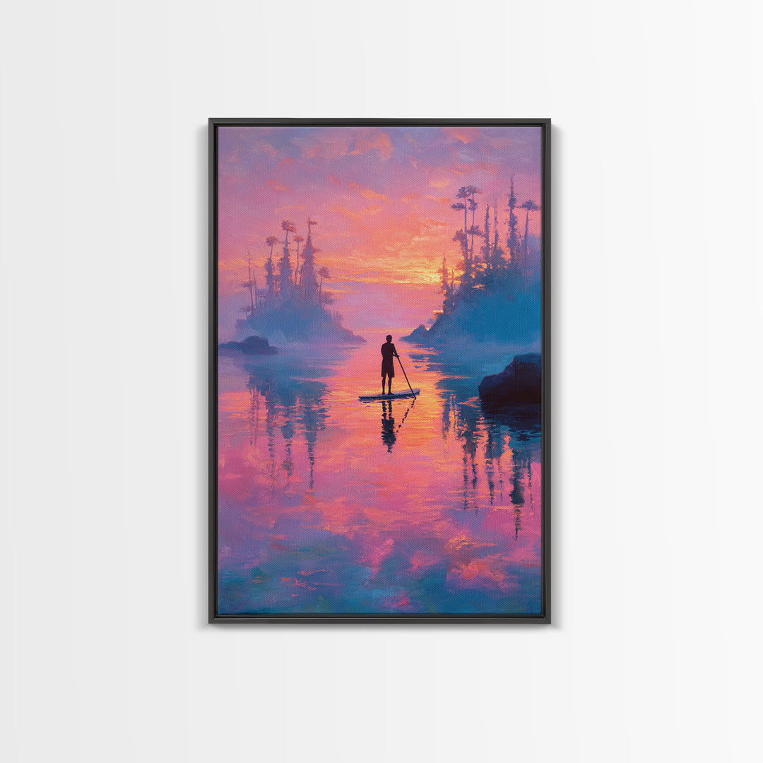 Sunset Paddleboarder On Calm Water Pink And Purple Sky Landscape Wall Art Canvas Print For Tranquil Bedroom And Living Room