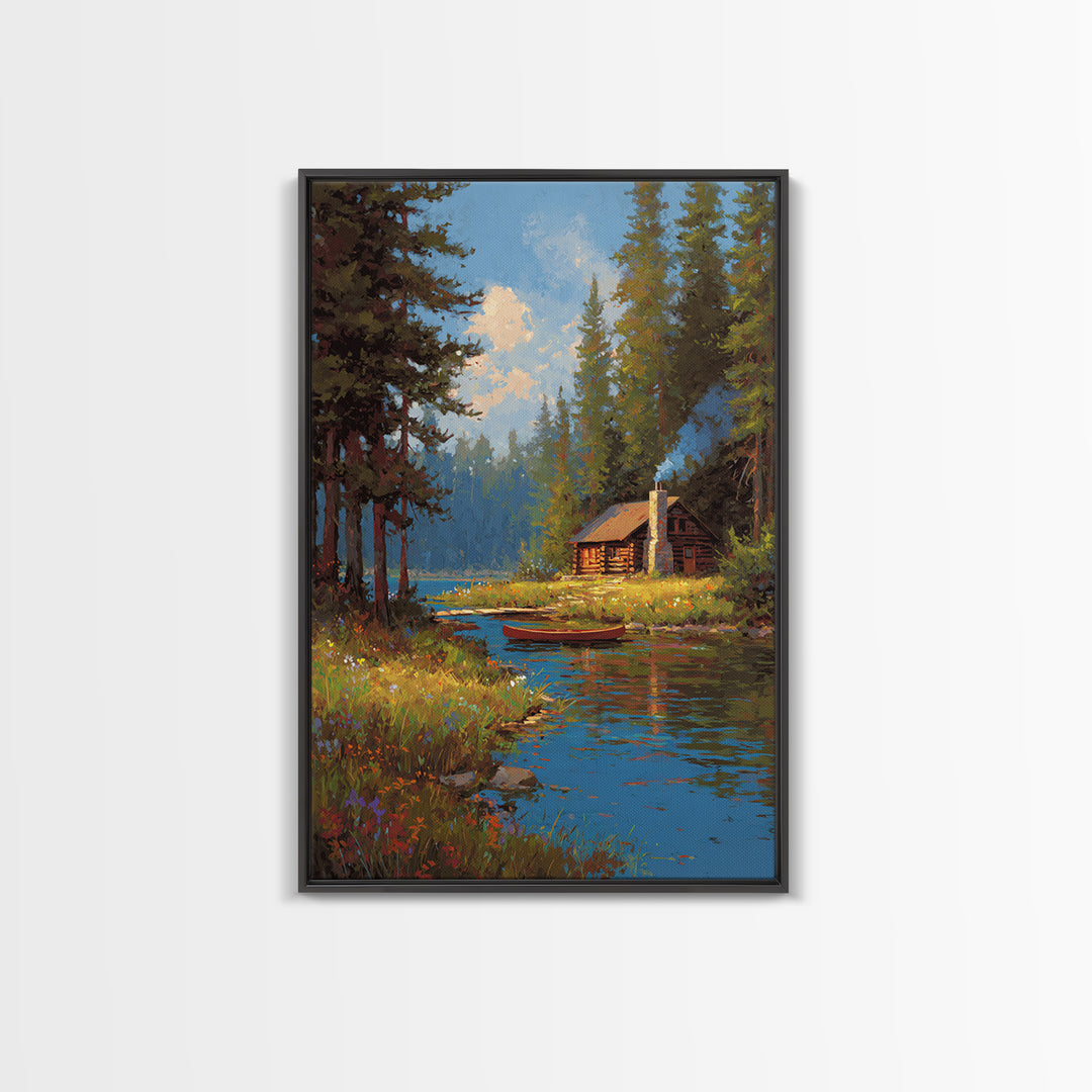 Cozy Cabin By Peaceful River Landscape Painting Canvas Print Natural Wall Art Decor Framed Canvas Print