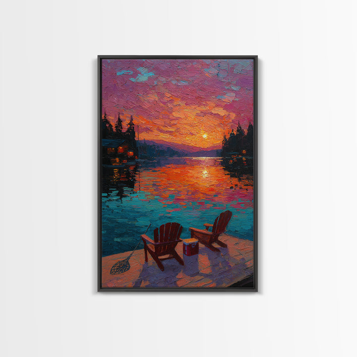 Vibrant Oil Painting Sunset Over Water With Adirondack Chairs And Cooler - Canvas Print For Cozy Wall Art And Relaxing Outdoor Home Decor