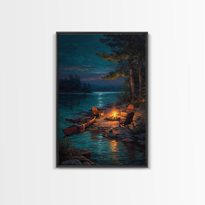 Peaceful Lakeside Campfire Scene Painting Wall Art Featuring Canoe And Adirondack Chairs Perfect For Cozy Living Room Decor