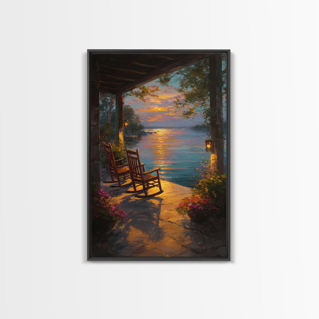 Peaceful Lakeside Porch Sunset With Rocking Chairs Oil Painting Wall Art Framed Canvas Print For Cozy Home Decor