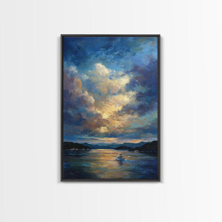 Sunlit Fishing Boat On Tranquil Lake Surrounded By Mountains Sunset Landscape Painting Wall Art Canvas Print