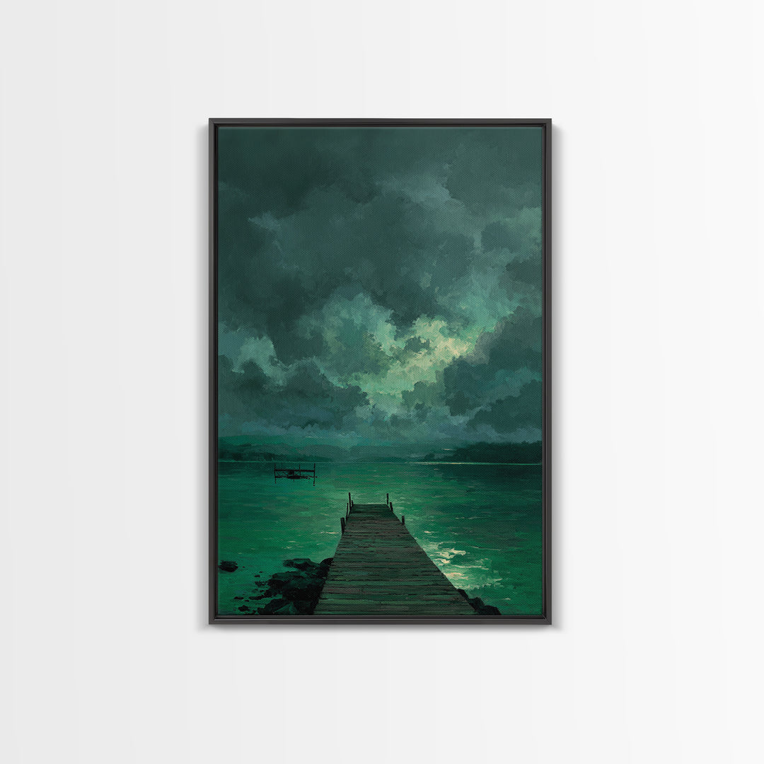 Moody Dock On Lake Under Stormy Sky Green Tones Abstract Wall Art Canvas Print Home Decor