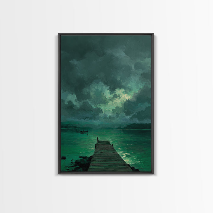 Moody Dock On Lake Under Stormy Sky Green Tones Abstract Wall Art Canvas Print Home Decor