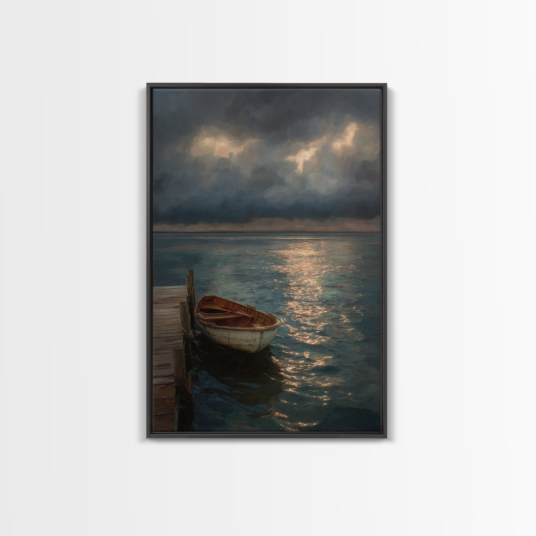 Serene Boat At Dock Under Dramatic Cloudy Sky Sunset Seascape Canvas Print For Coastal Living Room Decor Wall Art