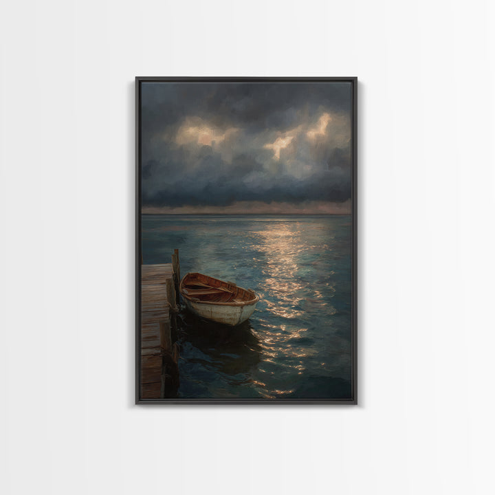 Serene Boat At Dock Under Dramatic Cloudy Sky Sunset Seascape Canvas Print For Coastal Living Room Decor Wall Art