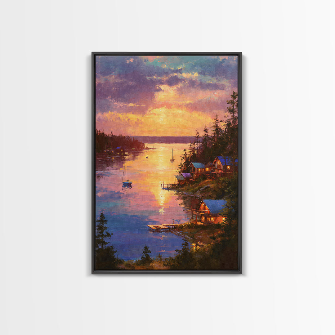 Sunset Lake House Fine Art Oil Painting Wall Art Framed Canvas Print Cozy Landscape Home Decor For Living Room