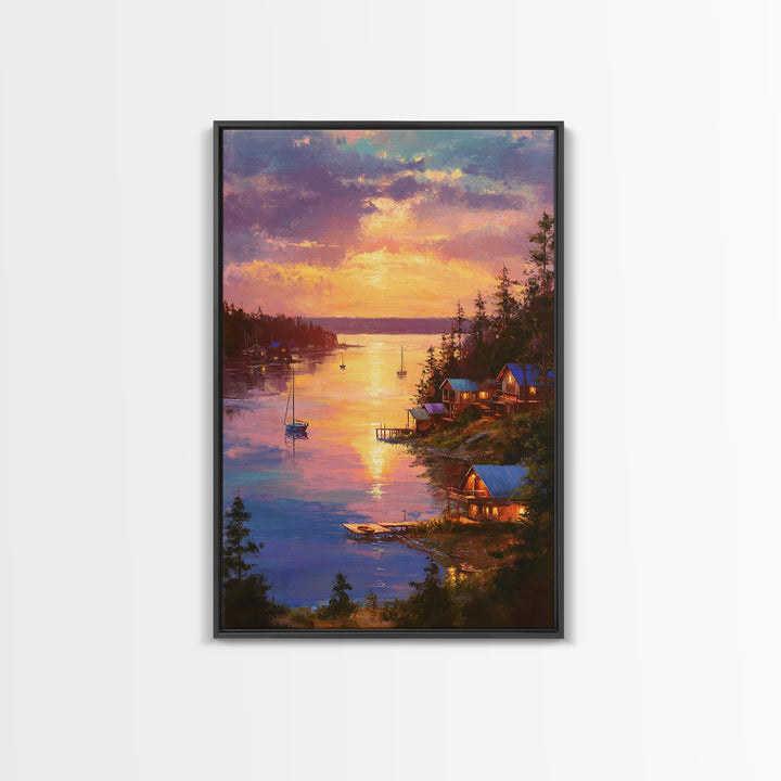 Sunset Lake House Fine Art Oil Painting Wall Art Framed Canvas Print Cozy Landscape Home Decor For Living Room
