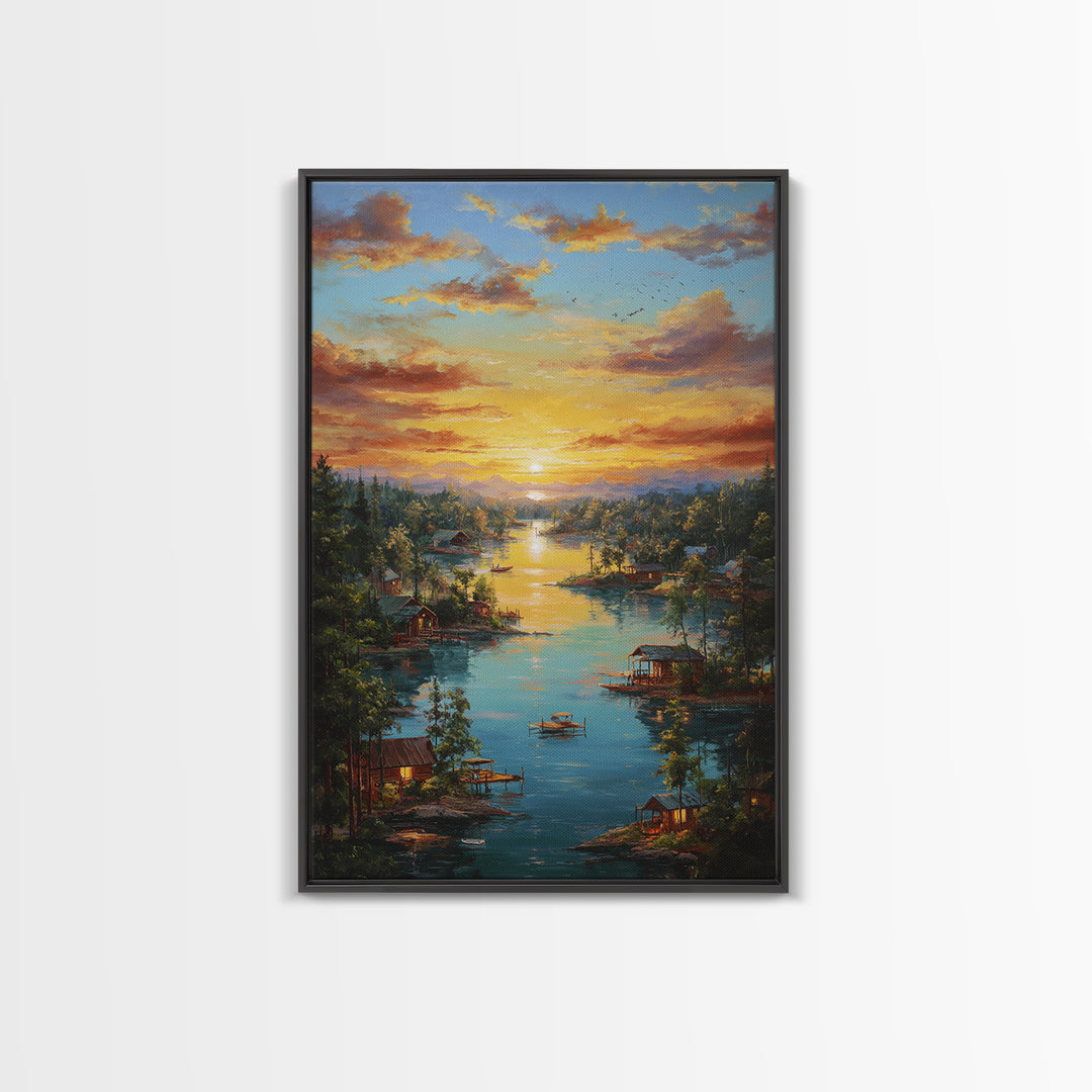 Peaceful Lakeside Village At Sunset Landscape Painting Framed Canvas Print Tranquil Wall Art For Rustic And Cozy Home Decor