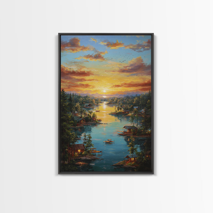 Peaceful Lakeside Village At Sunset Landscape Painting Framed Canvas Print Tranquil Wall Art For Rustic And Cozy Home Decor
