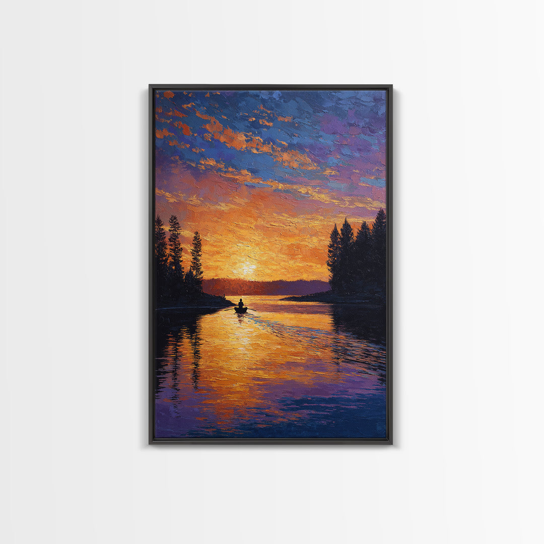 Vibrant Sunset Over Peaceful Lake With Lone Boatman Silhouette Wall Art Framed Canvas Print For Living Room Decor