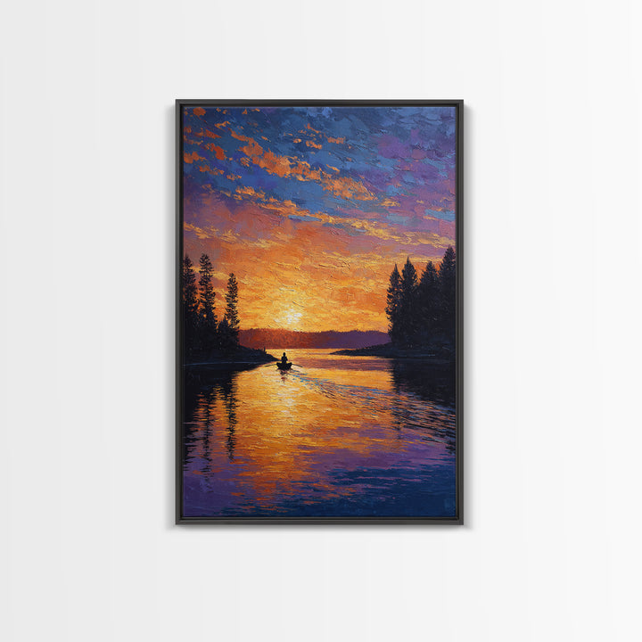 Vibrant Sunset Over Peaceful Lake With Lone Boatman Silhouette Wall Art Framed Canvas Print For Living Room Decor