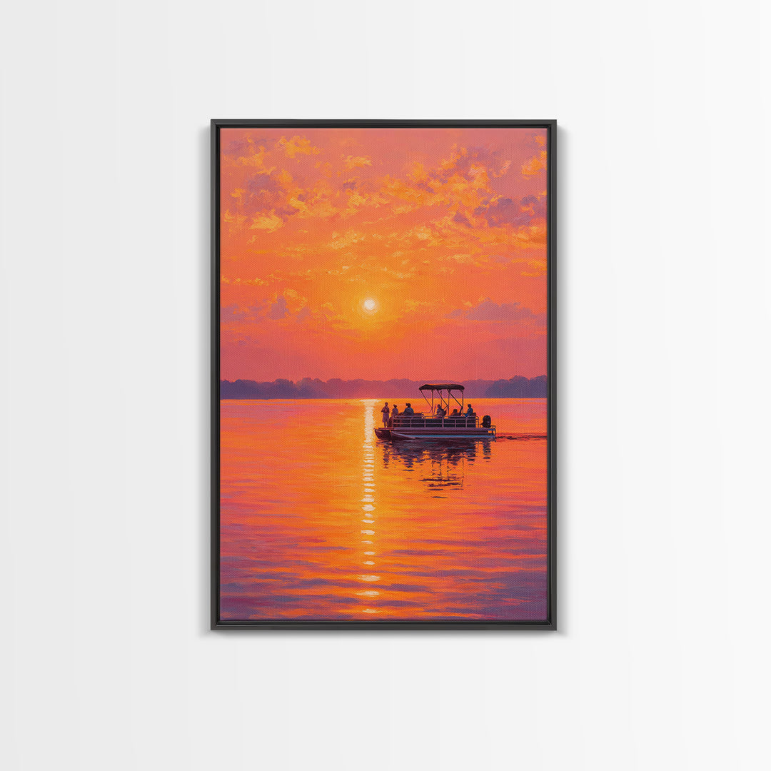 Sunset Boat On Calm Water Painting With Vibrant Orange Hues Capturing Peaceful Twilight Scene Large Wall Art Canvas Print For Living Room Decor And Gift