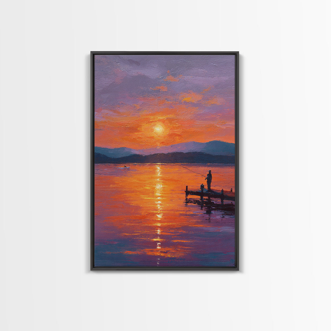 Peaceful Sunset Fishing Oil Painting Wall Art Framed Canvas Print For Living Room Decor And Rustic Home