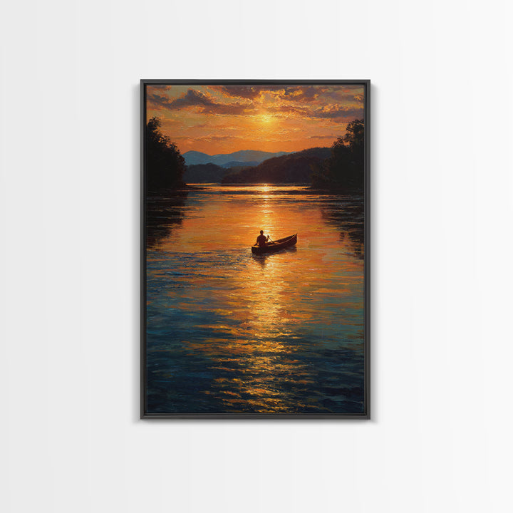 Tranquil Sunset Canoe Scene Oil Painting Wall Art Framed Canvas Print For Living Room Home Decor