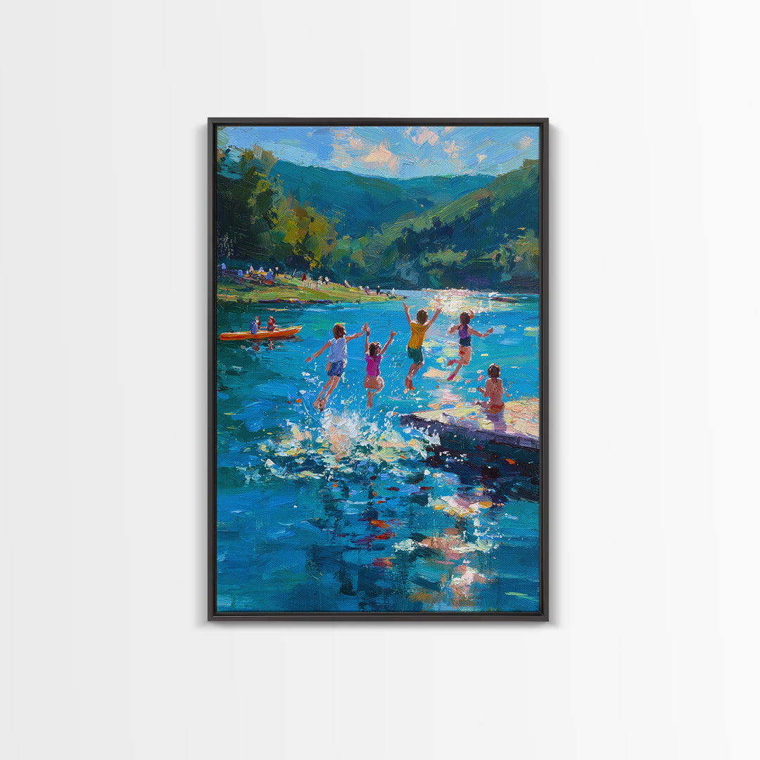 Children Playing At Summer Lake Scene Joyful Landscape Painting Large Wall Art Canvas Print