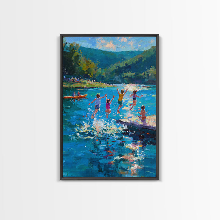 Children Playing At Summer Lake Scene Joyful Landscape Painting Large Wall Art Canvas Print