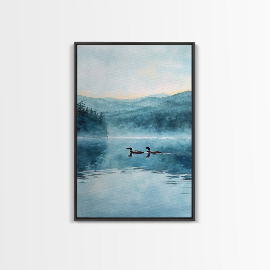 Serene Lake With Two Loons At Dawn Landscape Wall Art Misty Forest Canvas Print For Nature Lovers Home Decor