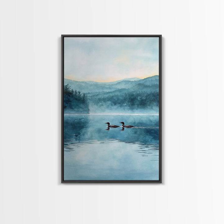 Serene Lake With Two Loons At Dawn Landscape Wall Art Misty Forest Canvas Print For Nature Lovers Home Decor