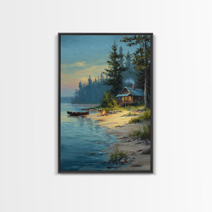 Peaceful Lakeside Cabin Painting At Dusk With Campfire And Canoe Scenic Landscape Art Print For Rustic Home Decor Bedroom Wall Art Framed Canvas Print