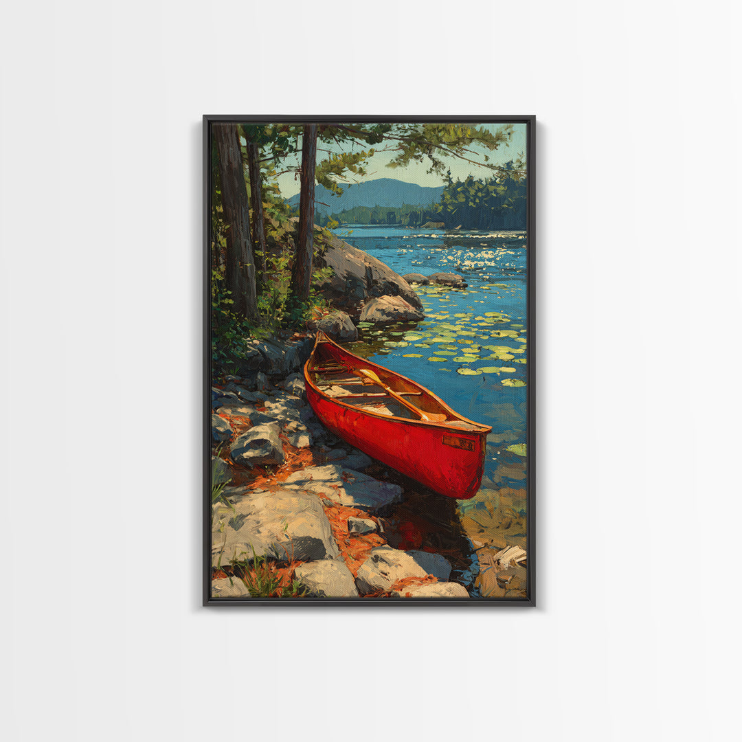 Vibrant Red Canoe On Lush Lakeside Nature Landscape Oil Painting Canvas Print For Cabin Decor And Rustic Wall Art