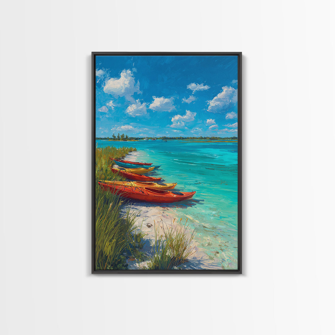 Bright Kayaks By Turquoise Water Under Blue Sky Canvas Print Large Coastal Wall Art For Living Room Decor