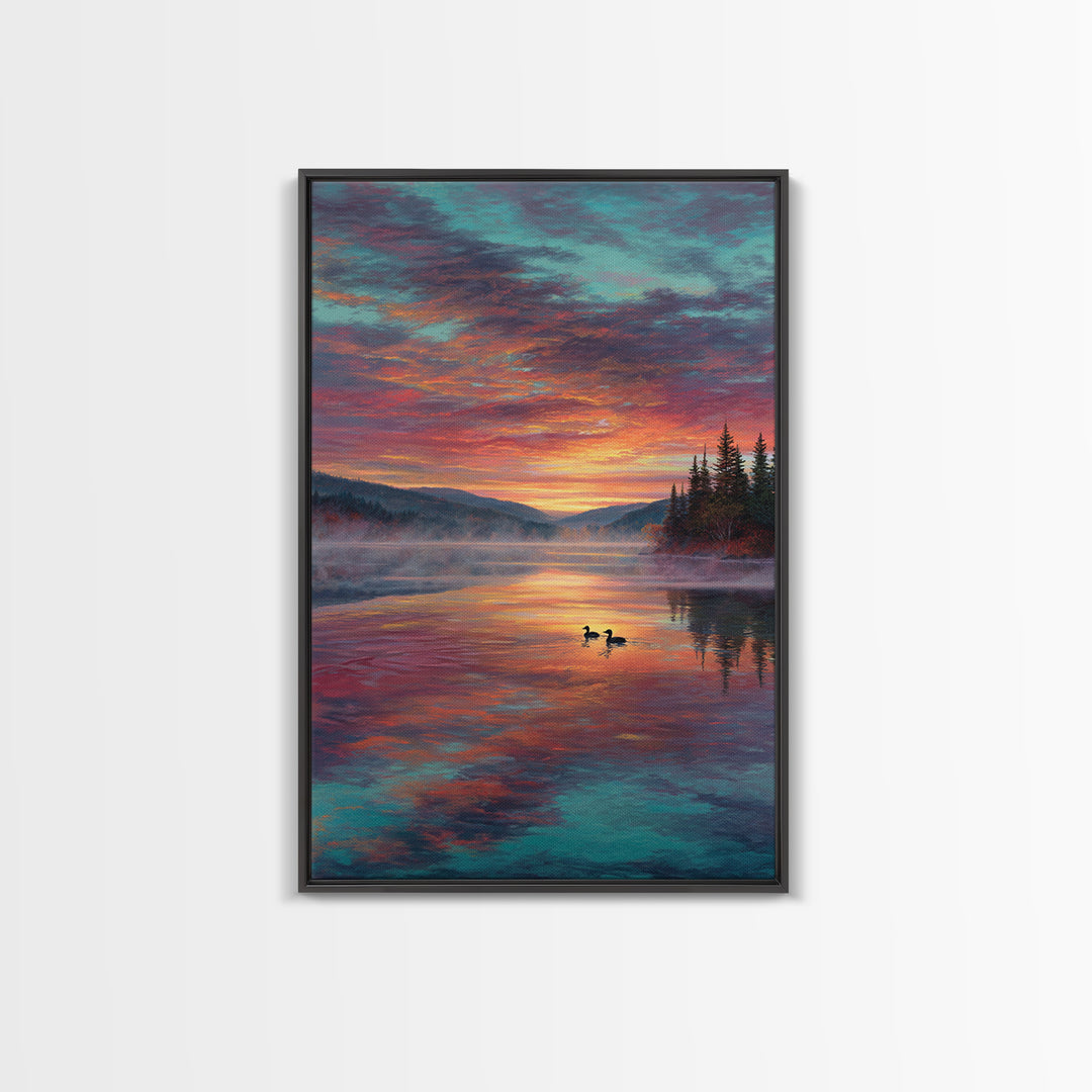 Serene Misty Mountain Sunset Landscape With Ducks On Lake Fine Art Canvas Print For Living Room Wall Decor