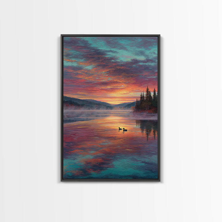 Serene Misty Mountain Sunset Landscape With Ducks On Lake Fine Art Canvas Print For Living Room Wall Decor