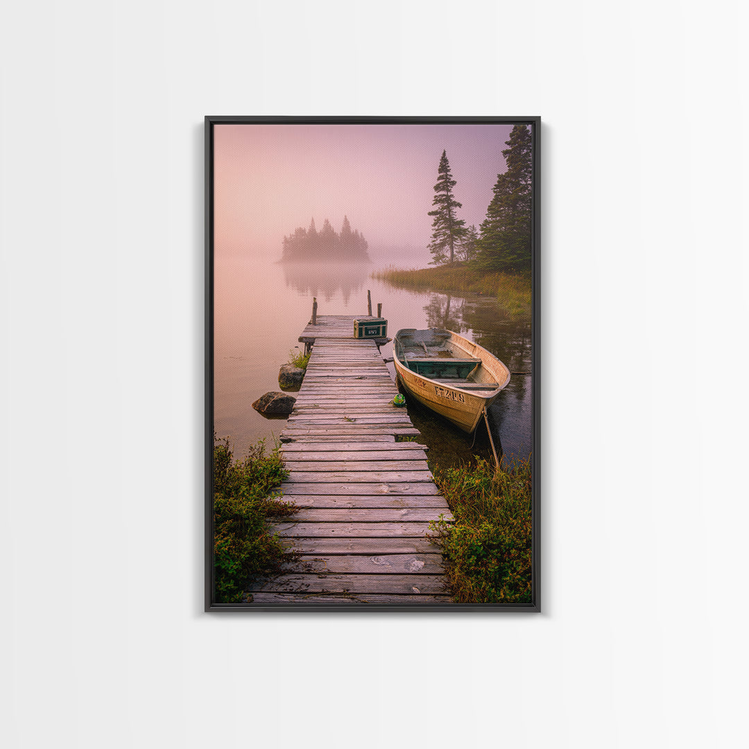Peaceful Foggy Lake Morning With Wooden Dock Wall Art Canvas Print For Rustic Cabin And Home Decor