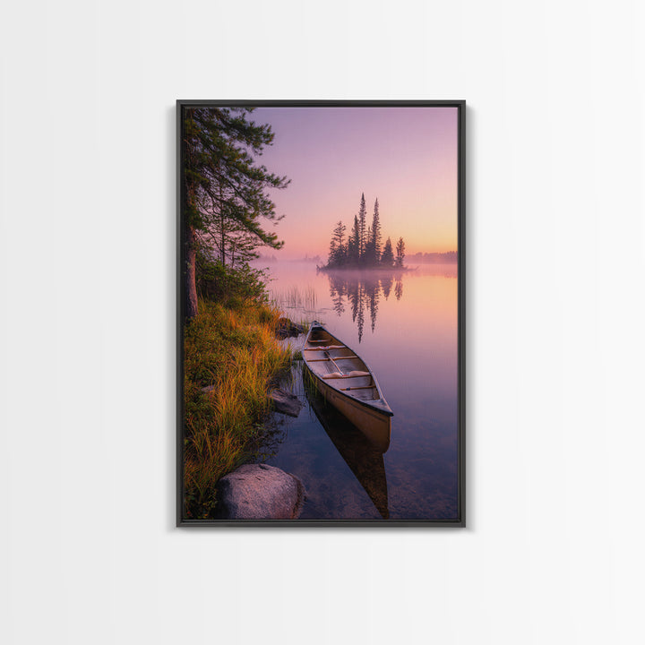 Tranquil Misty Lake With Canoe At Sunrise Scenic Landscape Painting For Calming Bedroom Wall Decor And Peaceful Home Decor Framed Canvas Print Wall Art
