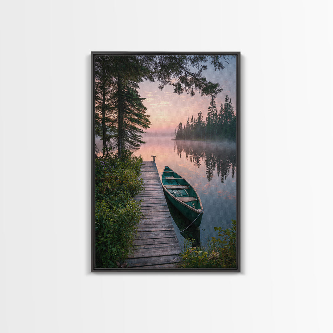 Serene Lake Dock With Canoe Landscape Wall Art Nature Photography Calm Framed Canvas Print