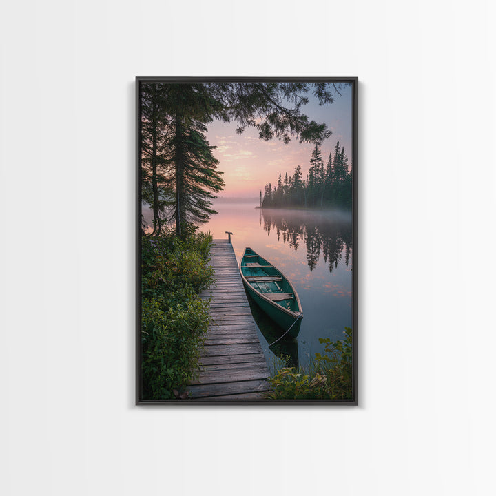 Serene Lake Dock With Canoe Landscape Wall Art Nature Photography Calm Framed Canvas Print