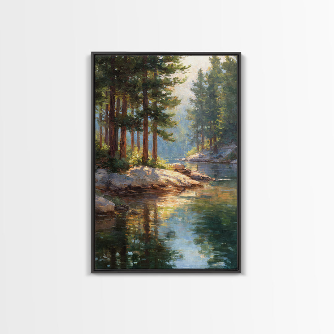Serene Pine Forest Landscape With River Reflection In Oil Painting Medium Perfect Wall Art Canvas Print