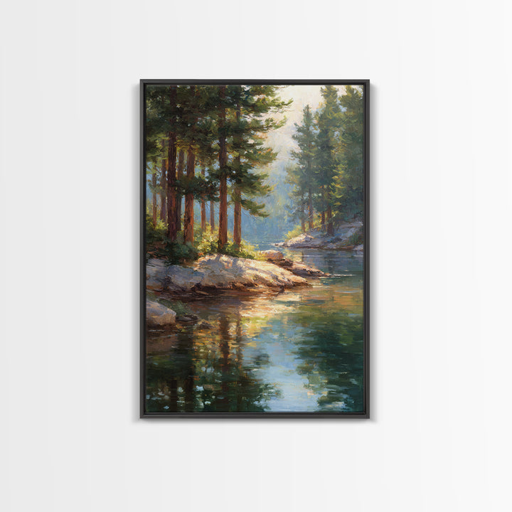 Serene Pine Forest Landscape With River Reflection In Oil Painting Medium Perfect Wall Art Canvas Print