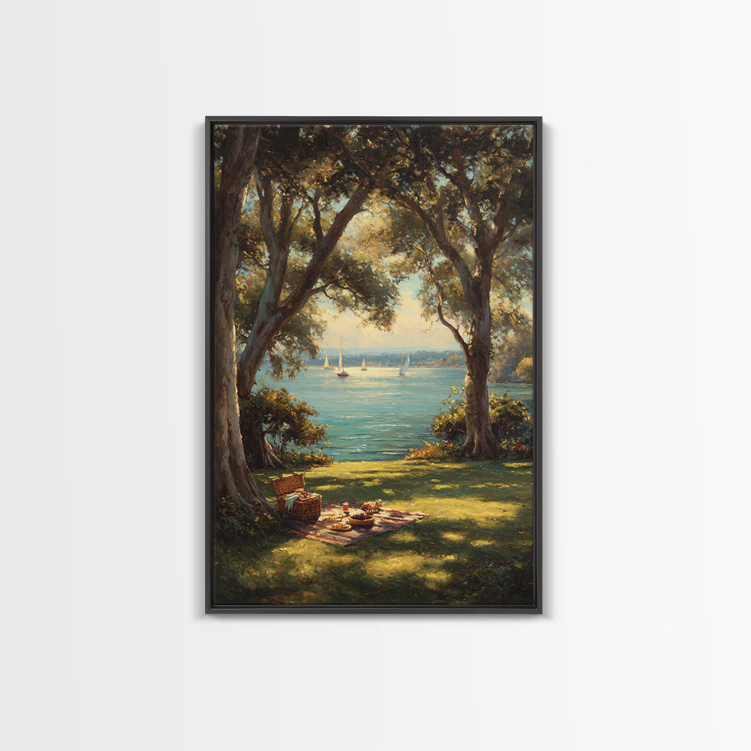 Peaceful Lakeside Picnic Painted Landscape Oil Painting Art Print Framed Canvas Print For Rustic Home Decor And Cabin Wall Art