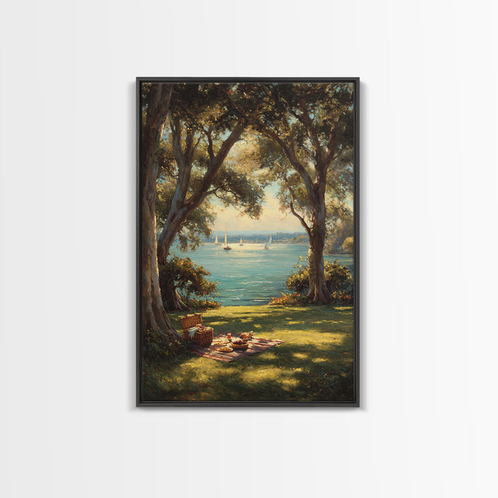 Peaceful Lakeside Picnic Painted Landscape Oil Painting Art Print Framed Canvas Print For Rustic Home Decor And Cabin Wall Art