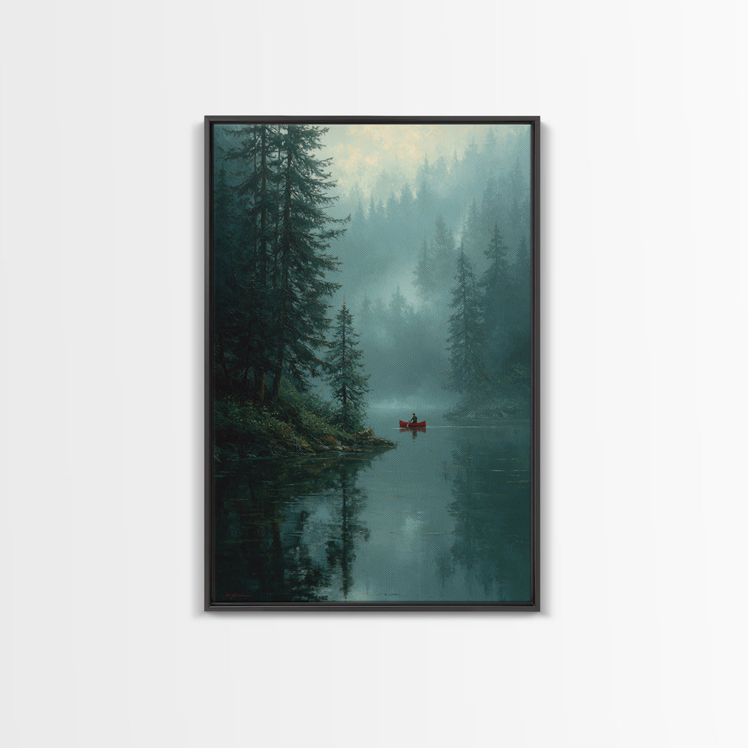 Serene Sunset Over Misty Lake Cabin With Orange Sky Wall Art Framed Canvas Print For Cozy Rustic Home And Bedroom Decor