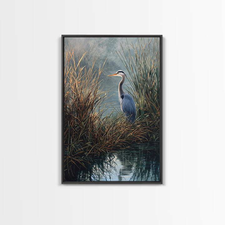 Realistic Blue Heron In Marshland Nature Scene Wall Art Fine Art Print Coastal Wall Decor Framed Canvas Print
