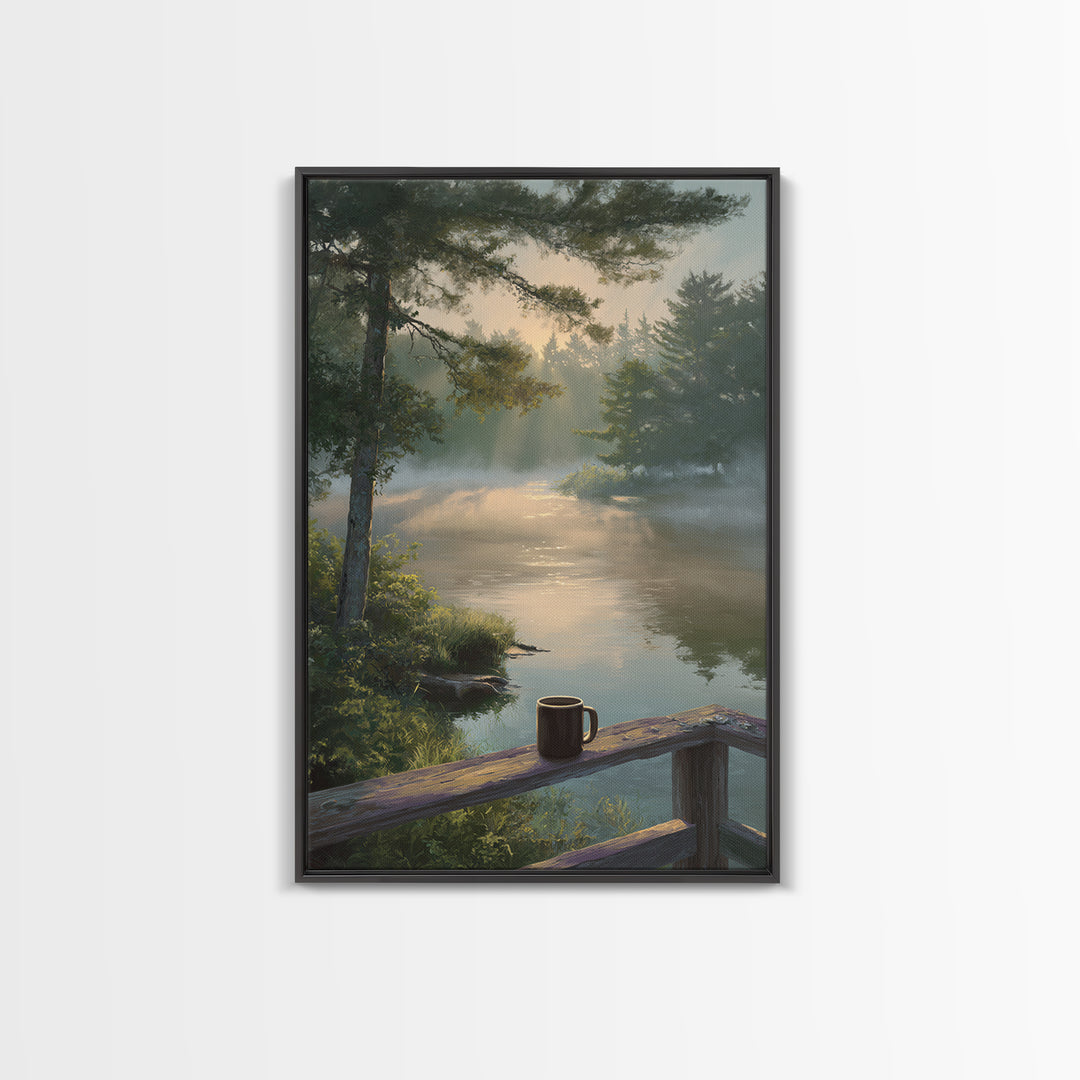 Peaceful Morning River Scene With Coffee Cup Landscape Wall Art Serene Nature Canvas Print For Cozy Home And Bedroom Decor