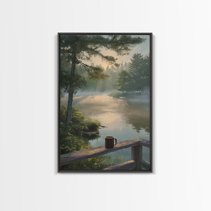 Peaceful Morning River Scene With Coffee Cup Landscape Wall Art Serene Nature Canvas Print For Cozy Home And Bedroom Decor
