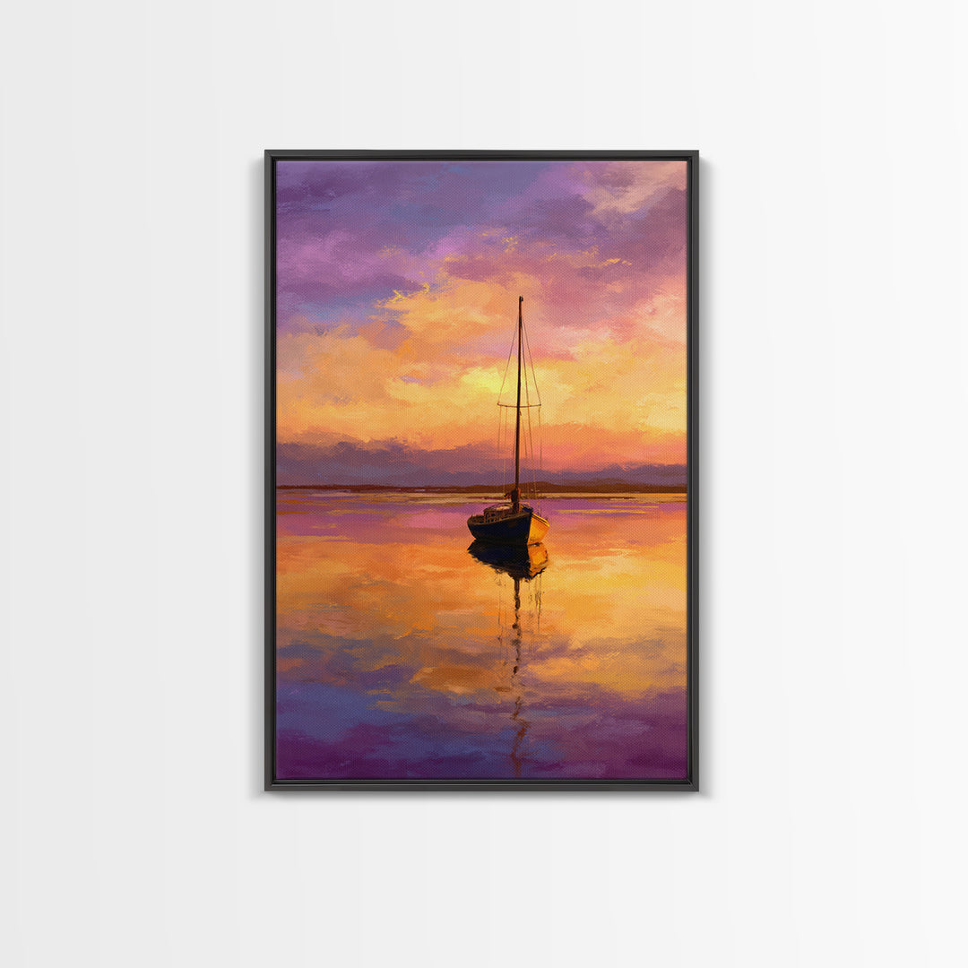Colorful Sailboat At Sunset Over Calm Water Ocean Scene Painting | Tranquil Wall Art Modern Home Decor Framed Canvas Print