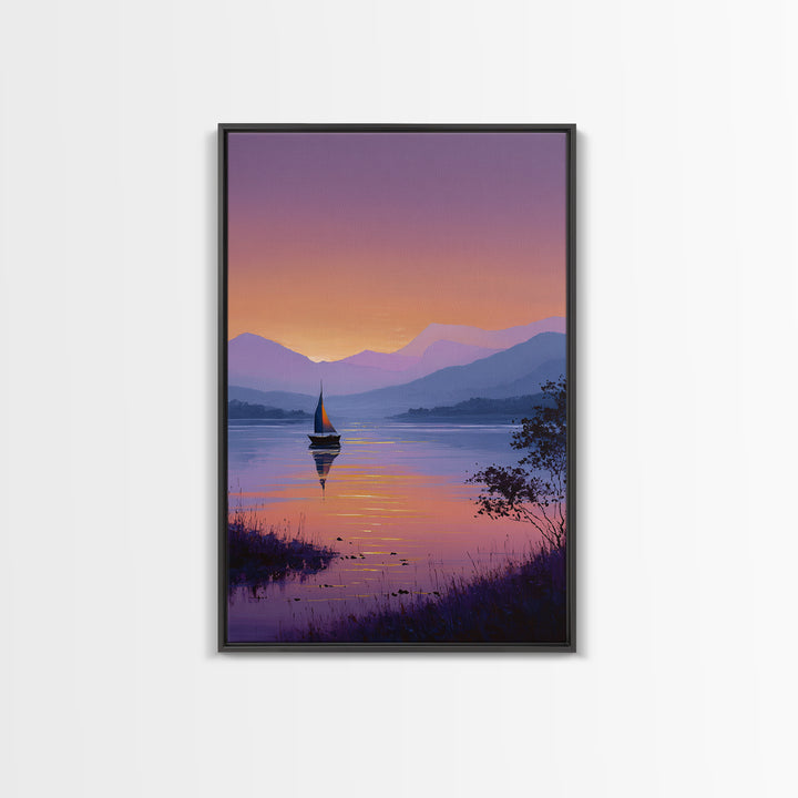 Tranquil Sailboat On Lake At Sunset With Purple Mountains Oil Painting Canvas Print Wall Art For Bedroom Decor And Nautical Lovers