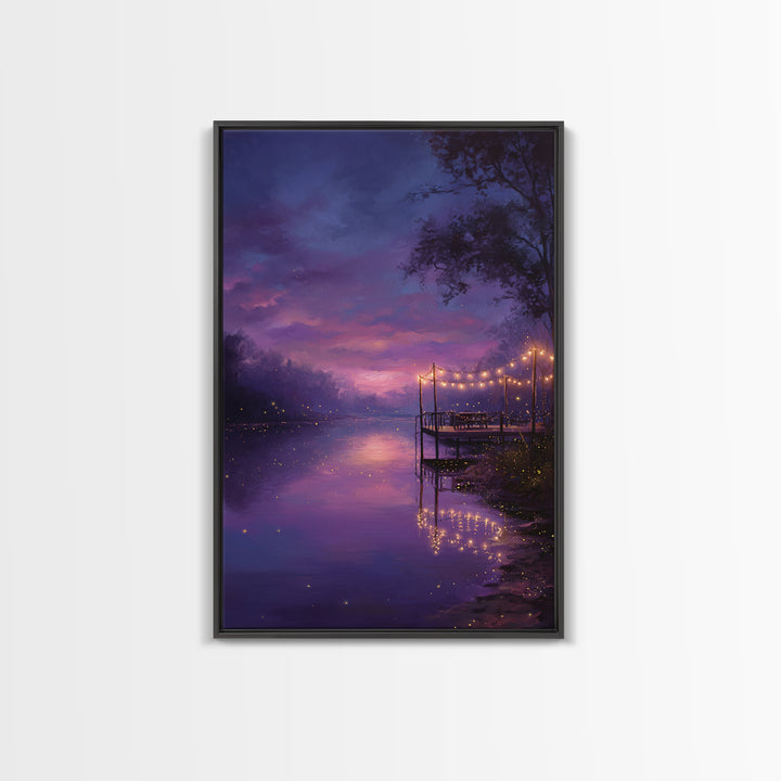 Enchanting Twilight River Scene With Glowing Fireflies And String Lights Romantic Canvas Print For Home Decor