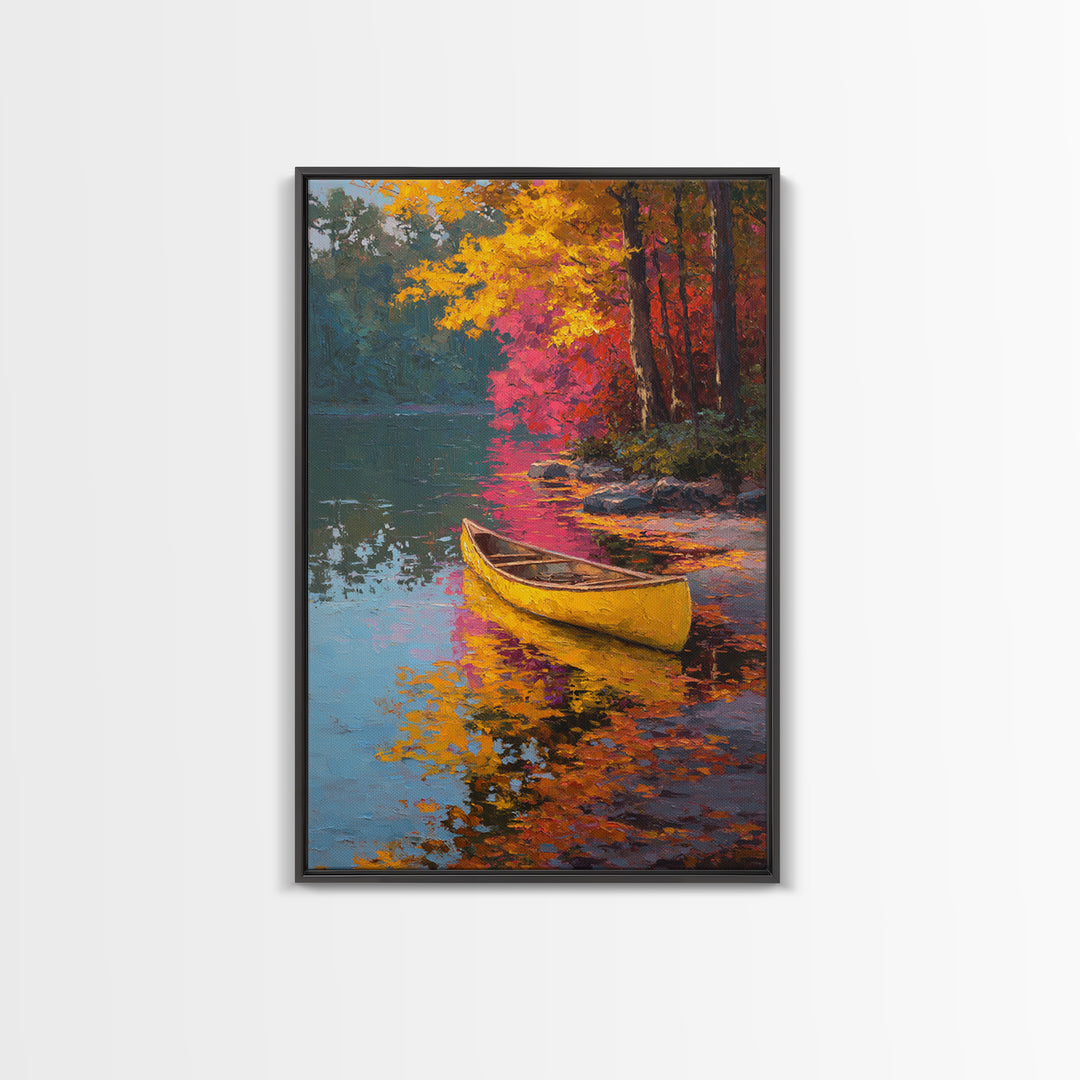 Serene Yellow Canoe On Reflective Autumn Lake Landscape Painting Framed Canvas Print for Peaceful Wall Art And Living Room Decor