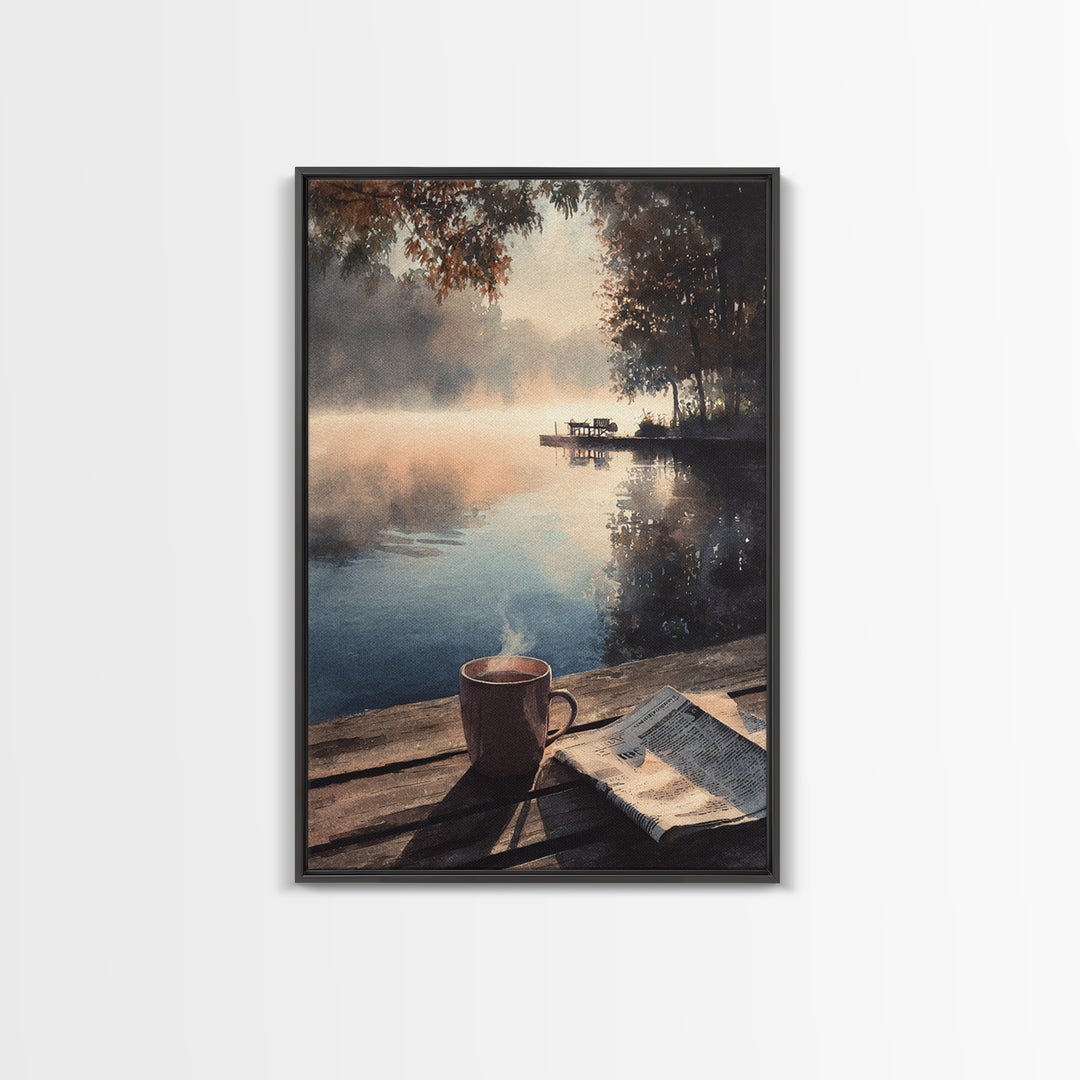 Cozy Lakeside Morning With Steam Rising Over Coffee Mug Watercolor Painting Wall Art Print For Bedroom Or Reading Nook