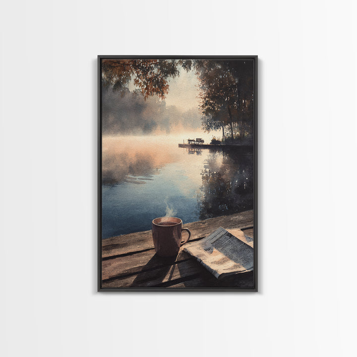 Cozy Lakeside Morning With Steam Rising Over Coffee Mug Watercolor Painting Wall Art Print For Bedroom Or Reading Nook